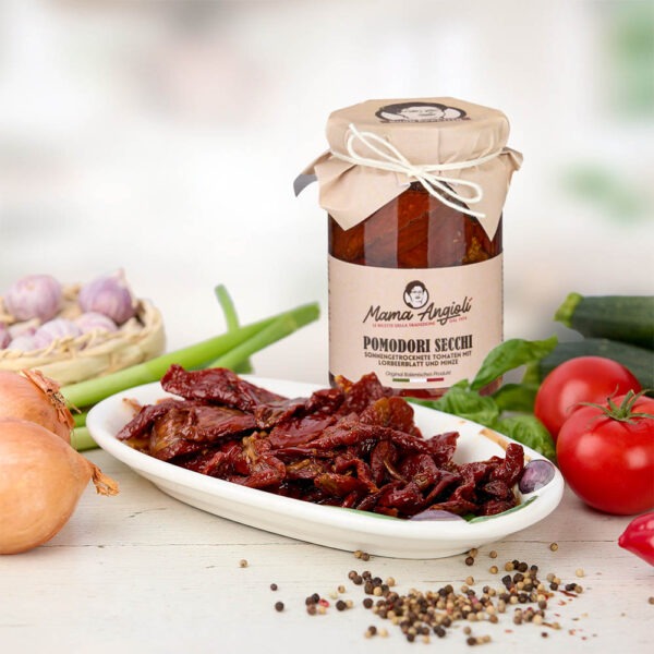 Italienische Feinkost - Onlineshop - Eingelegtes - Sonnen getrocknete Tomaten Lorbeerblatt mit Minze