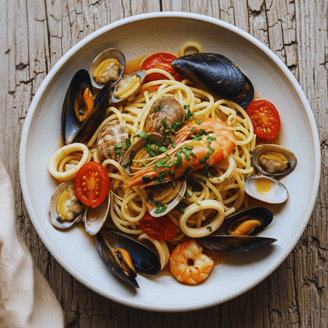 a bowl of pasta with seafood